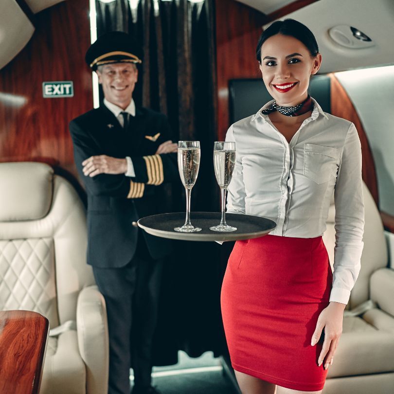 An image of a flight steward and pilot aboard a private jet