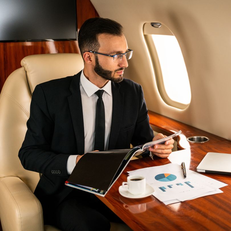 A businessman on board at private jet
