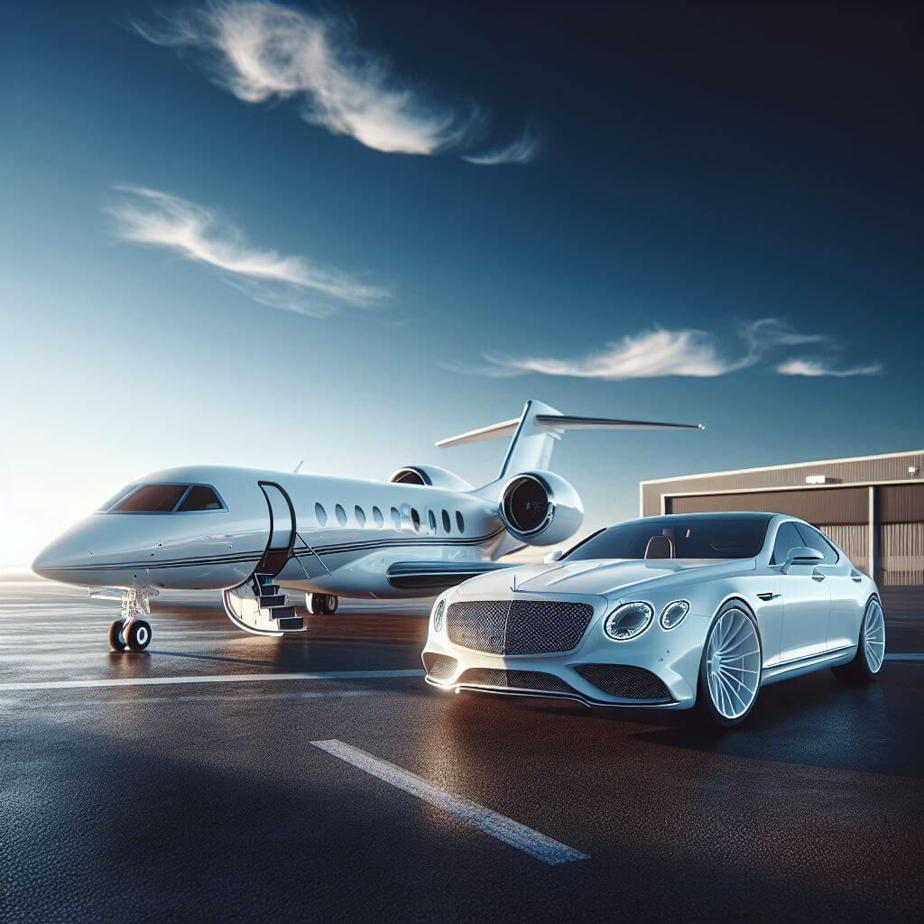 a private jet and a luxury car
