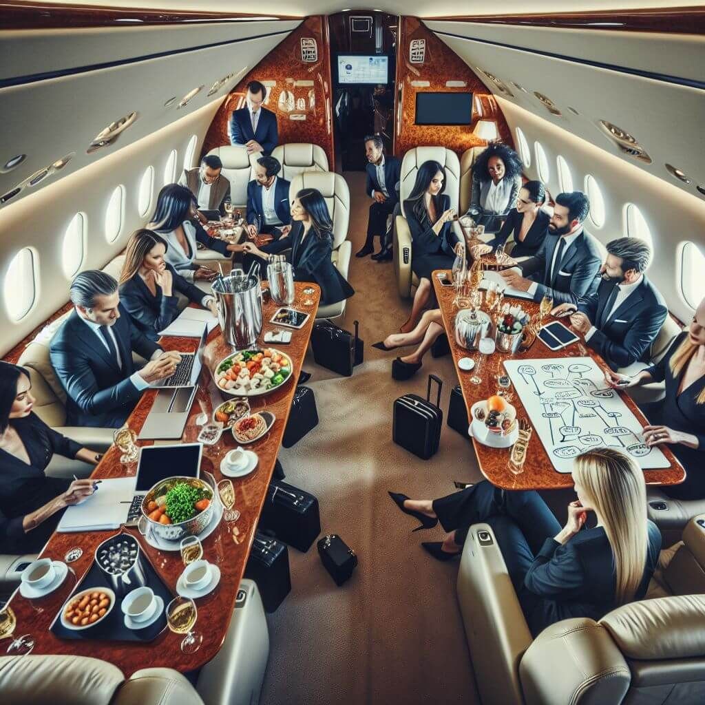 Corporate Team Building meeting in flight at private jet