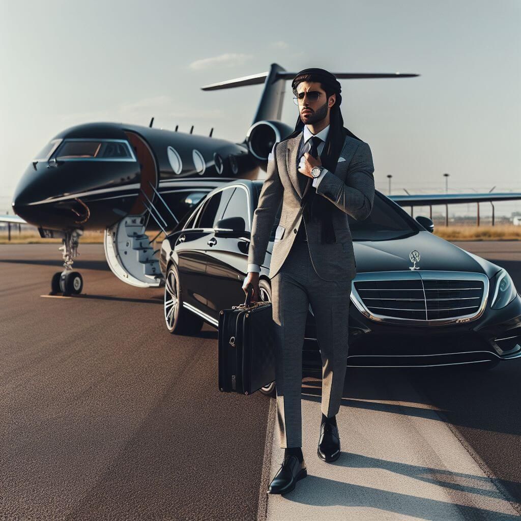 Man travelling from luxury car to private jet