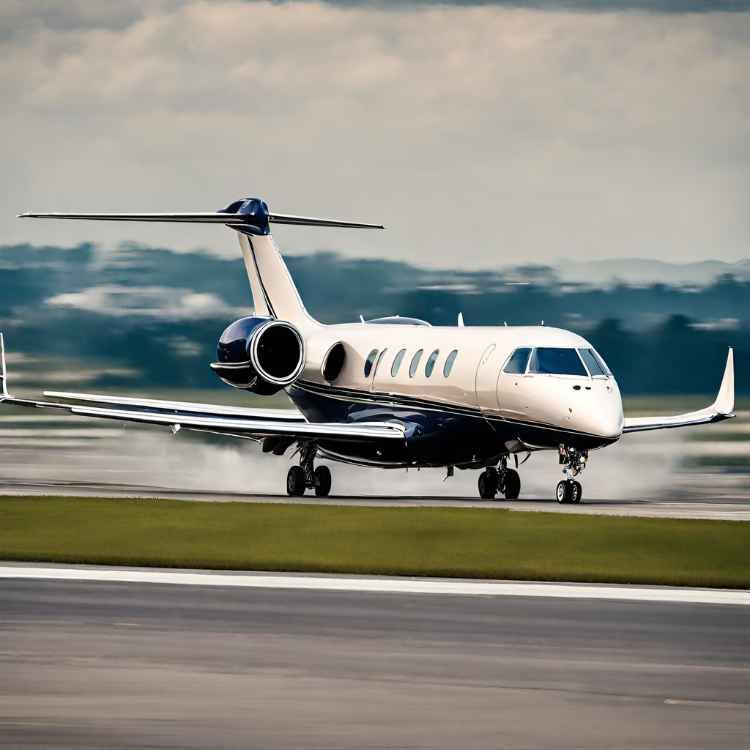 A white with black color private jet landing 
